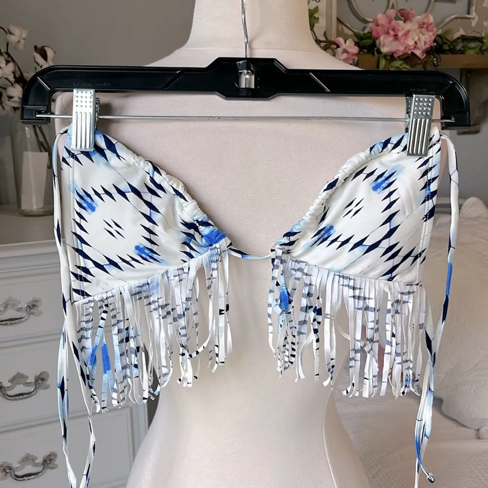 Bikini Boho White Blue Fringe Womens XS - Image 2