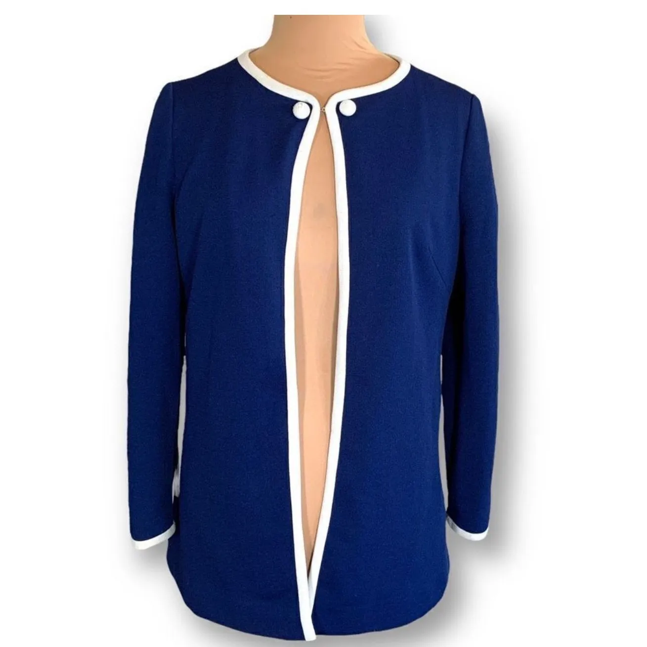 Vintage Judy Wayne Navy Blue Mod Coat Red Circular Pocket White Trim Carnaby Size M - Image 10