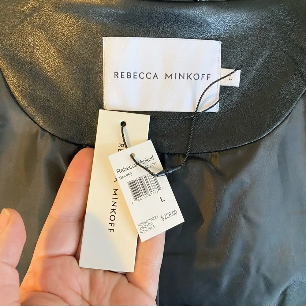 Rebecca Minkoff Black Vegan Faux Leather Belted Jacket Button Up Collared Large - Image 9