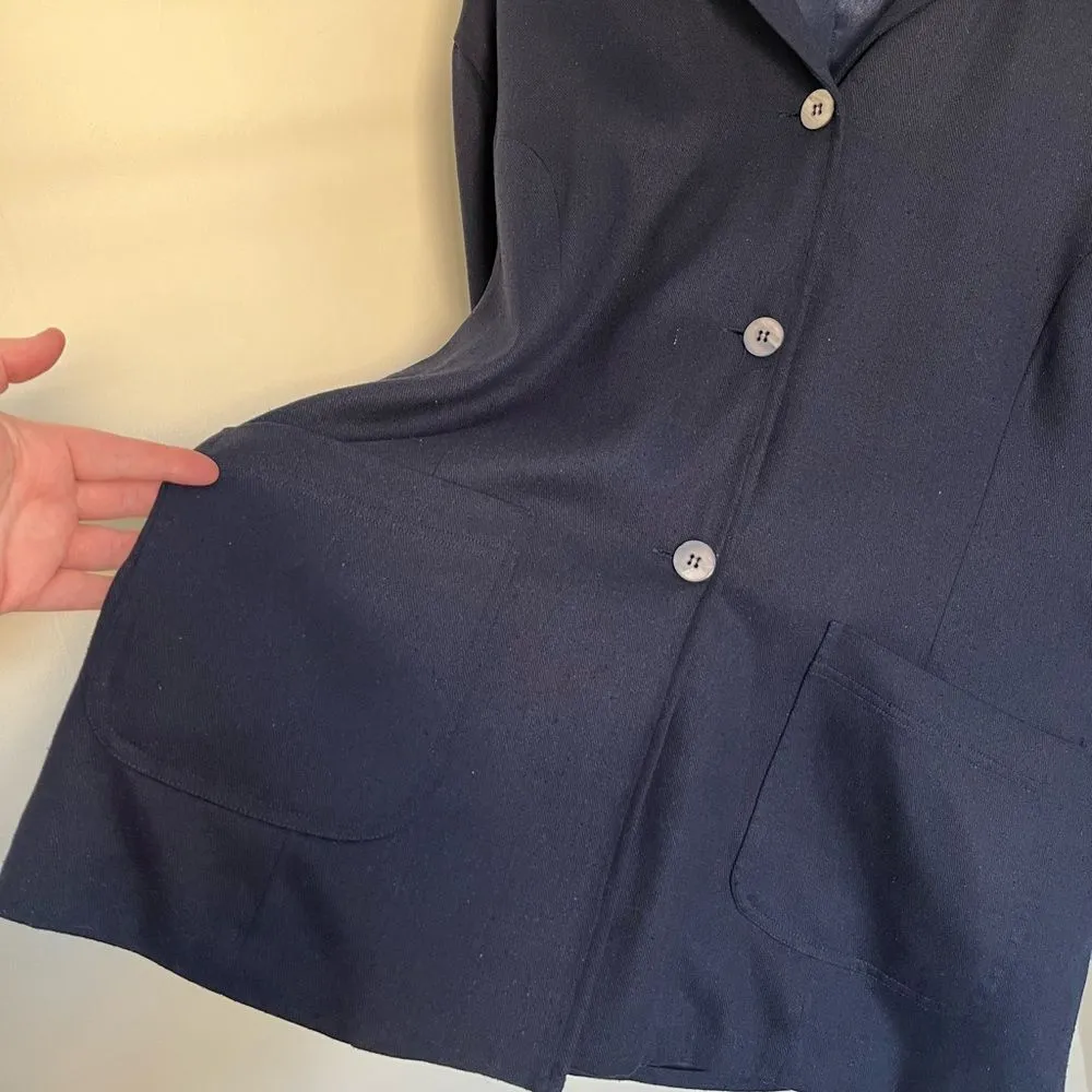 Vintage 90s Navy Silk Button Front Jacket Relaxed Fit Pockets Blue Size L - Image 5