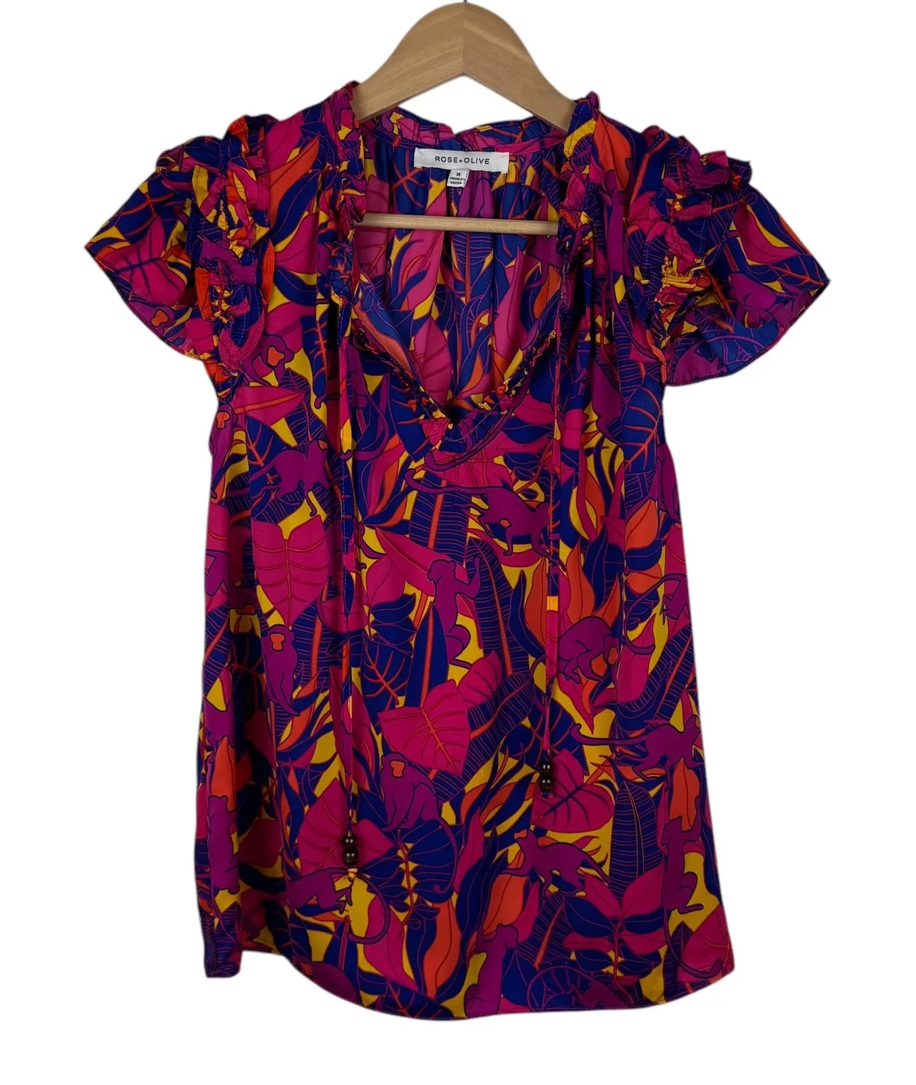 Rose+Olive Monkey Tropical Print Blouse Sz M Colorful Ruffle Beaded Tassel Boho - Image 1