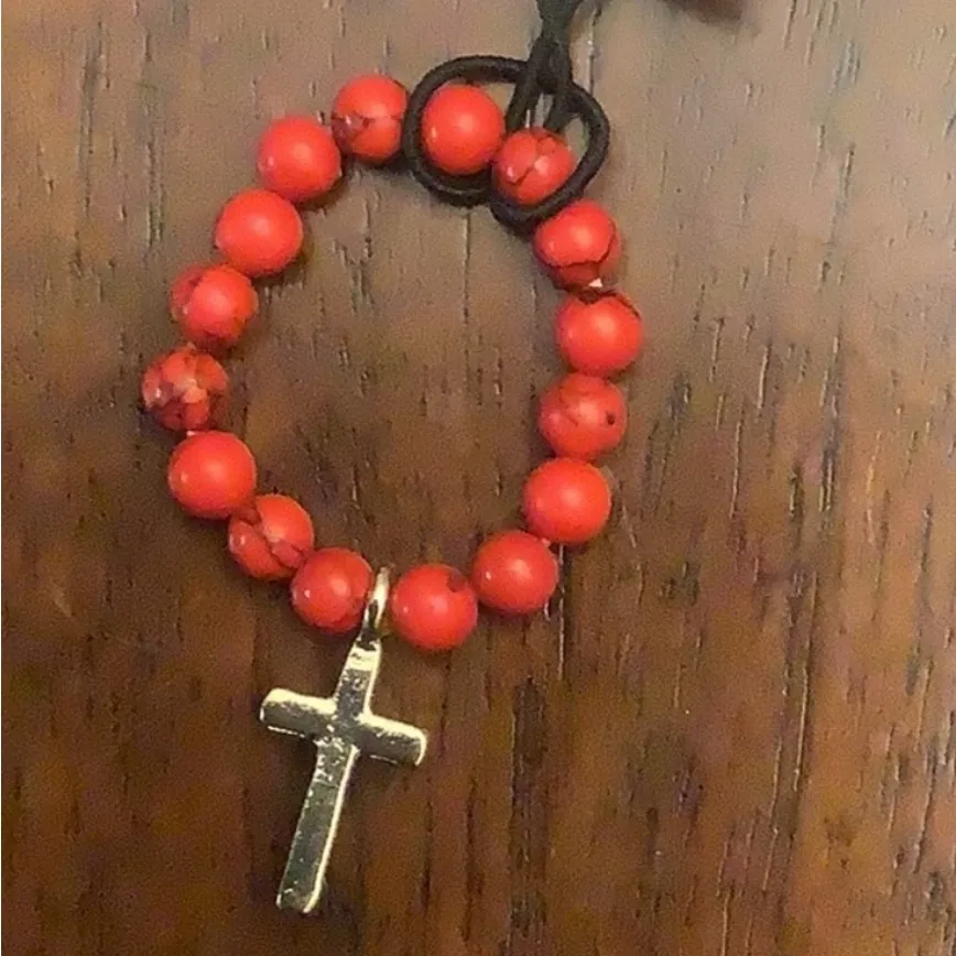 Gold Cross Charm Red Beaded Ring - Image 2