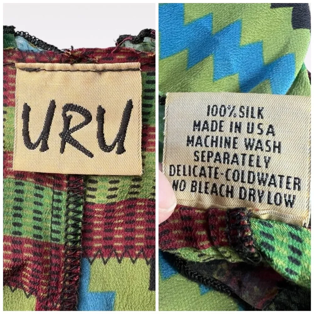 URU Silk Art Wear Patchwork Asymmetrical Dress One Size Green Size L - Image 3