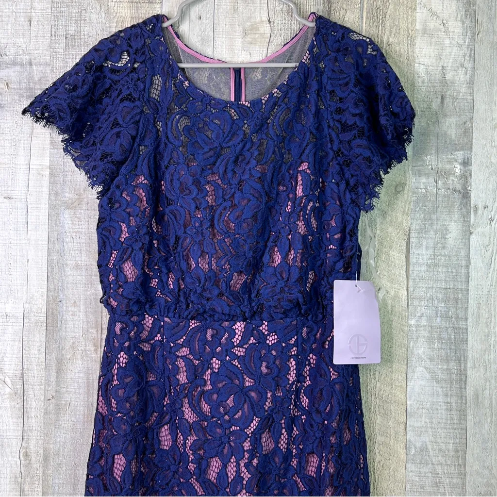 JS Collection Size 10 Navy Blue Floral Lace Rose Liner Short Sleeve Shea… - Image 4