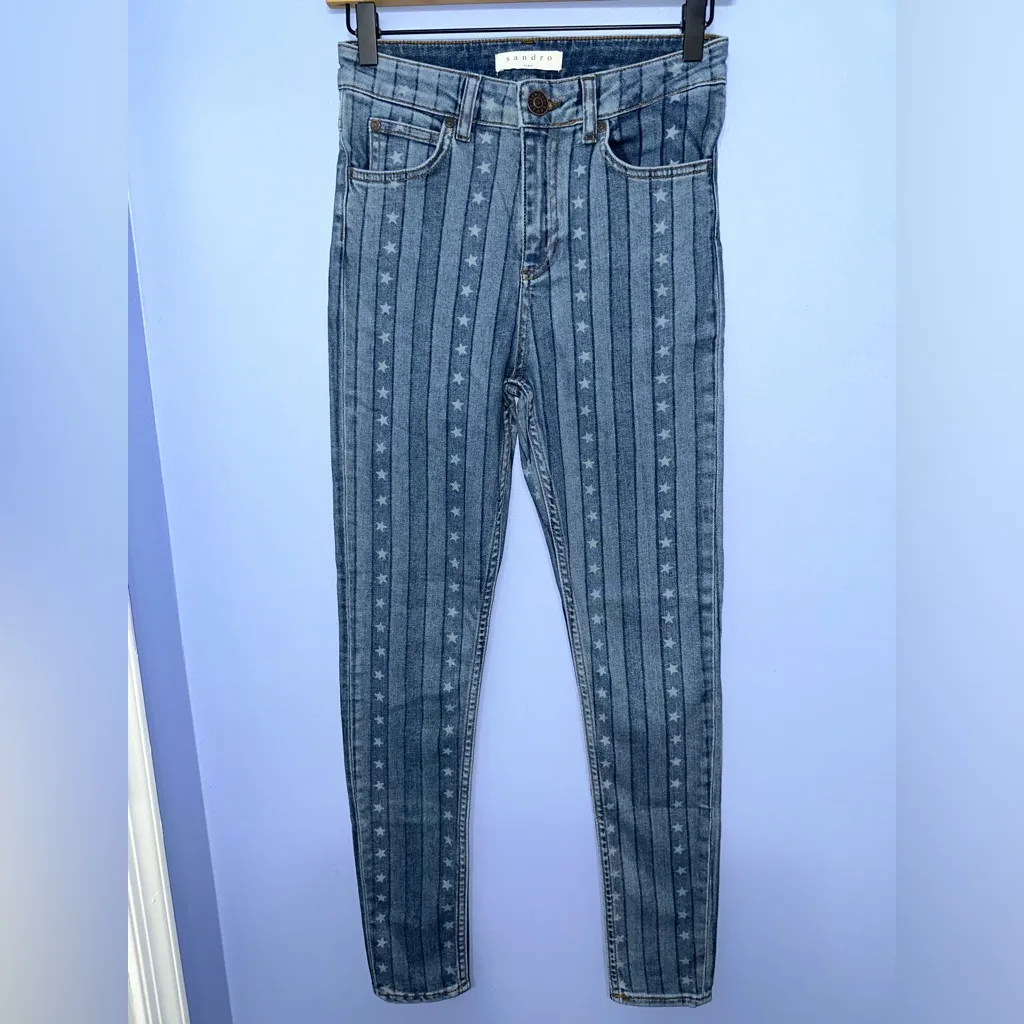 Sandro Star Print Mid Rise Stretch Jeans Blue NWT Size 36 (US 4) - Image 3