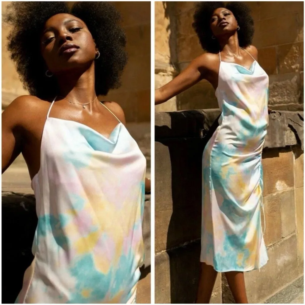 Zara Pastel Tie Dye Satin Halter Cowl Neck Ruched Slip Midi Dress Size XS - Image 5