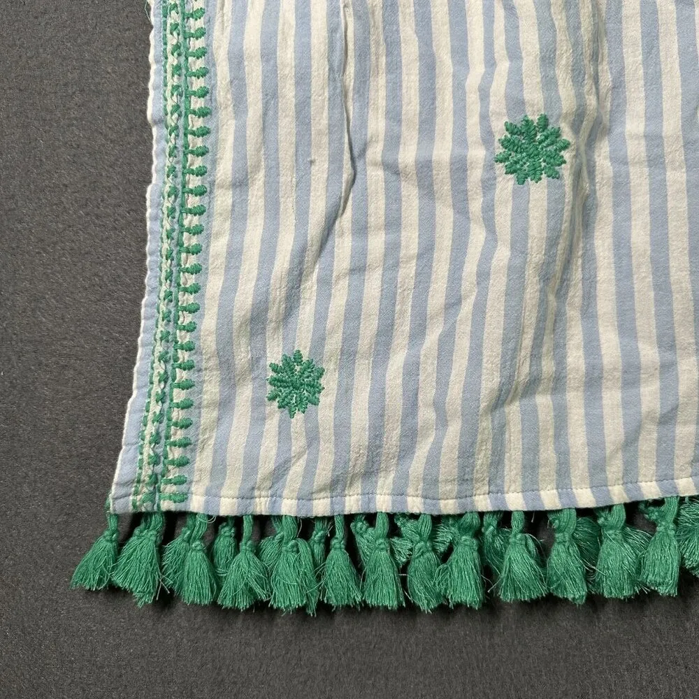 J Crew Tunic Cover Up Womens Small Striped Tassel Trim Embroidered Boho Beach Blue - Image 2