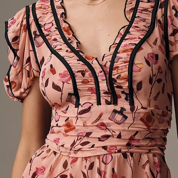 Maeve Anthropologie Pink Floral & Vanity Print Tunic Top Blouse Size L - Image 4