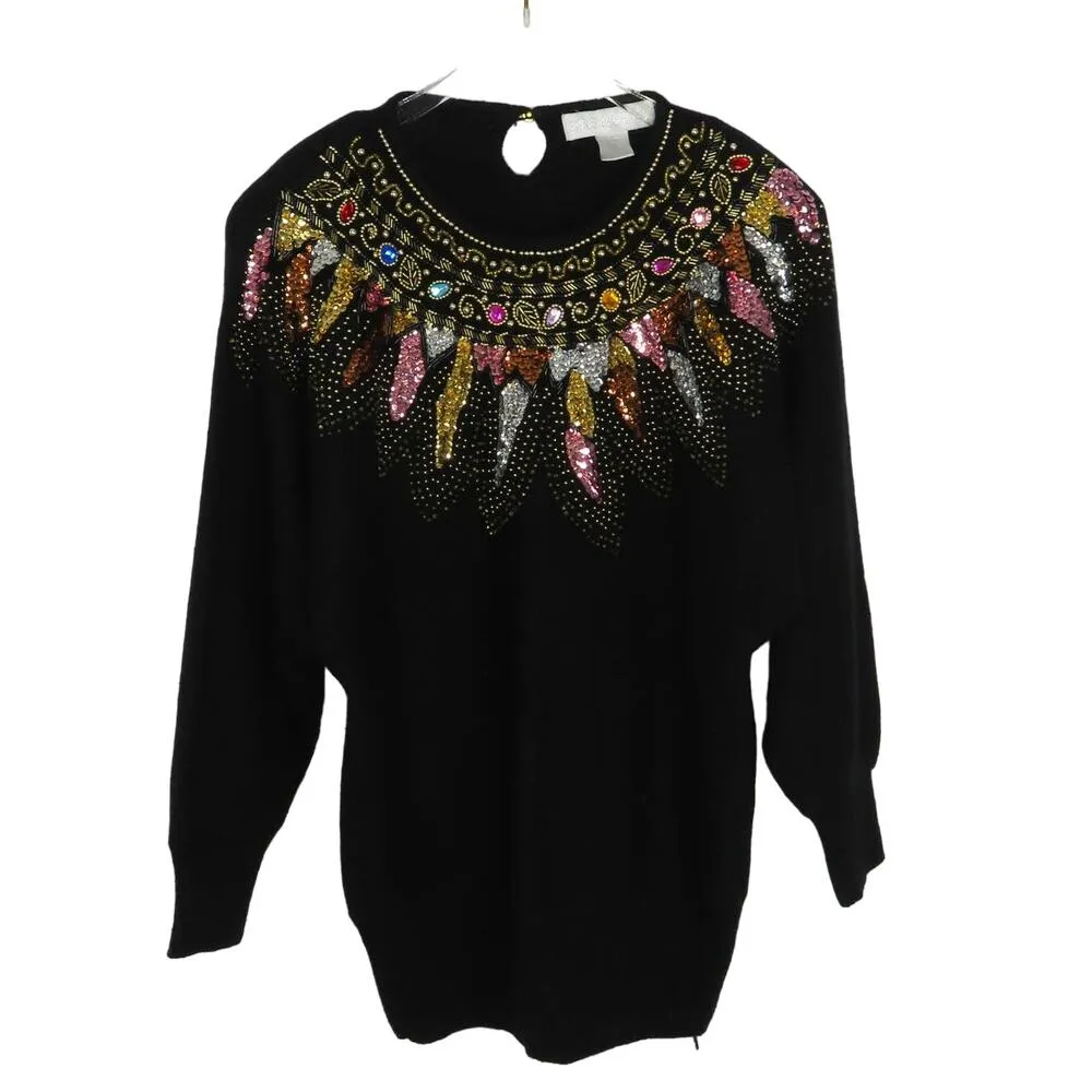 1980s Vintage Rainbow Sequin Rhinestone Sweater by Jane Ashley Small - Image 2
