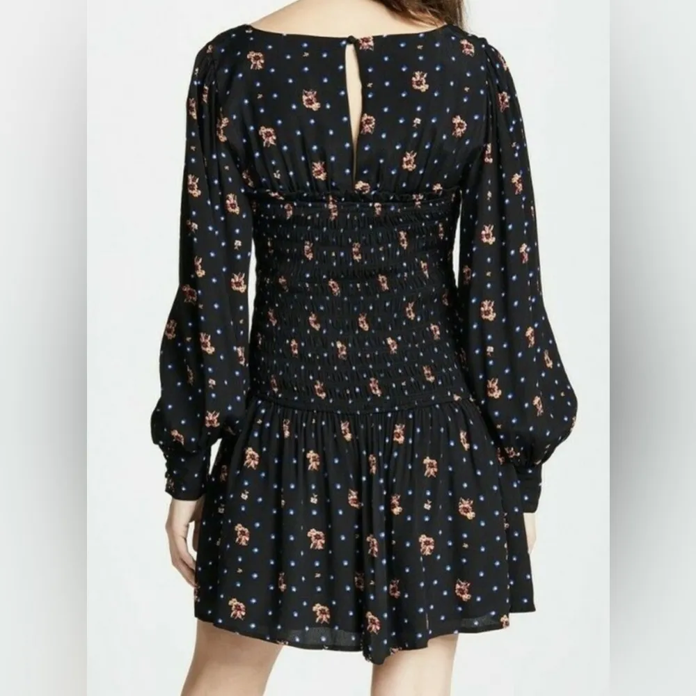 FREE PEOPLE Sz L TWO FACES LONG SLEEVE ROUCHED DRESS FLORAL BLACK COMBO - Image 13