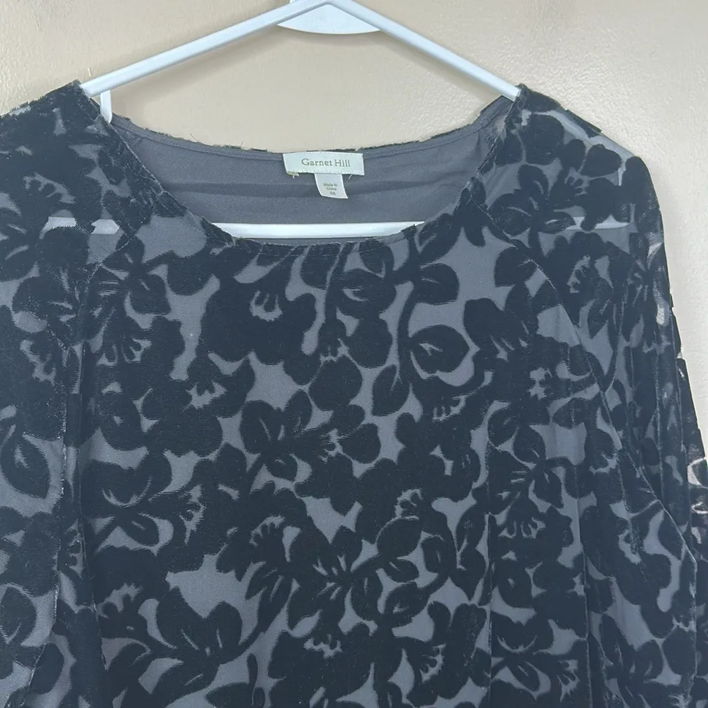 Garnet Hill Dress Womens 6 Black Floral Sheer Velvet 3/4 Sleeve Shift Whimsical - Image 5