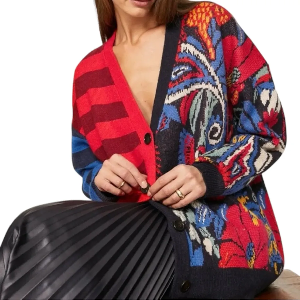 Farm Rio Vintage Forest Red Blue Stripe Mixed Oversized Cozy Cardigan Boho XS - Image 2