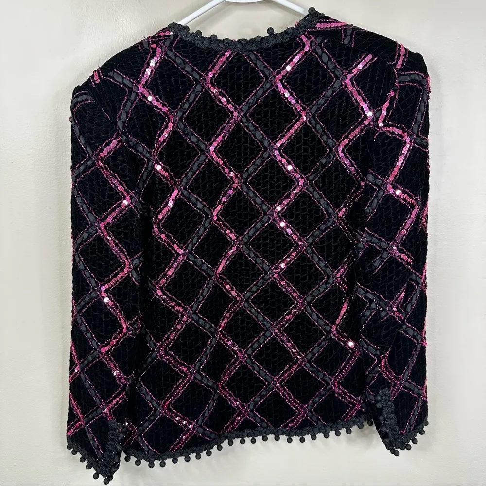 Vintage Jill Richards Blazer Black Pink Velvet Sequins Open Front Jacket M/L? Size L - Image 8