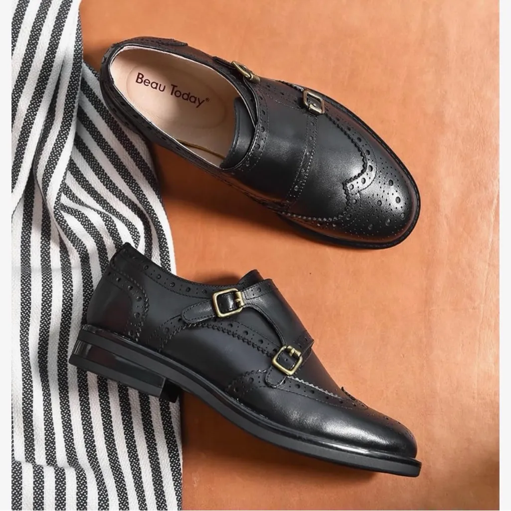NEW Black Genuine Cow Leather BeauToday Brogue Style Monk Shoes 6.5 $95 - Image 9
