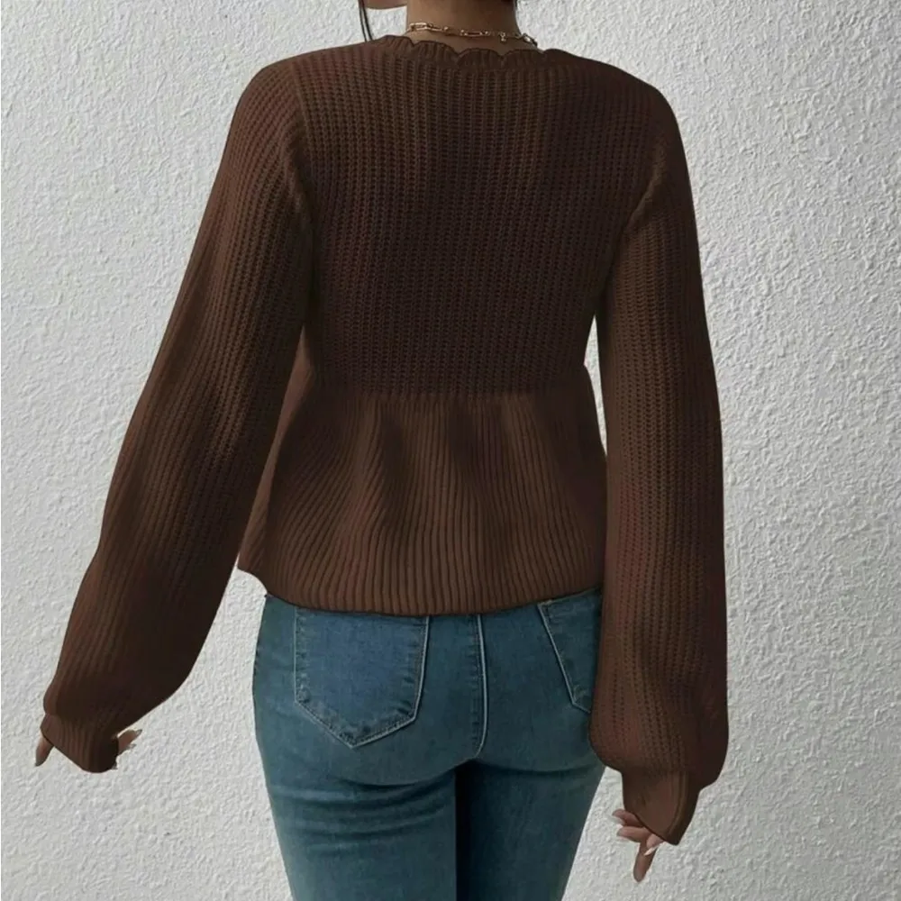 Women's Plain Drawstring Tie Front Scallop Trim Crop Knit Top Brown Size M - Image 4
