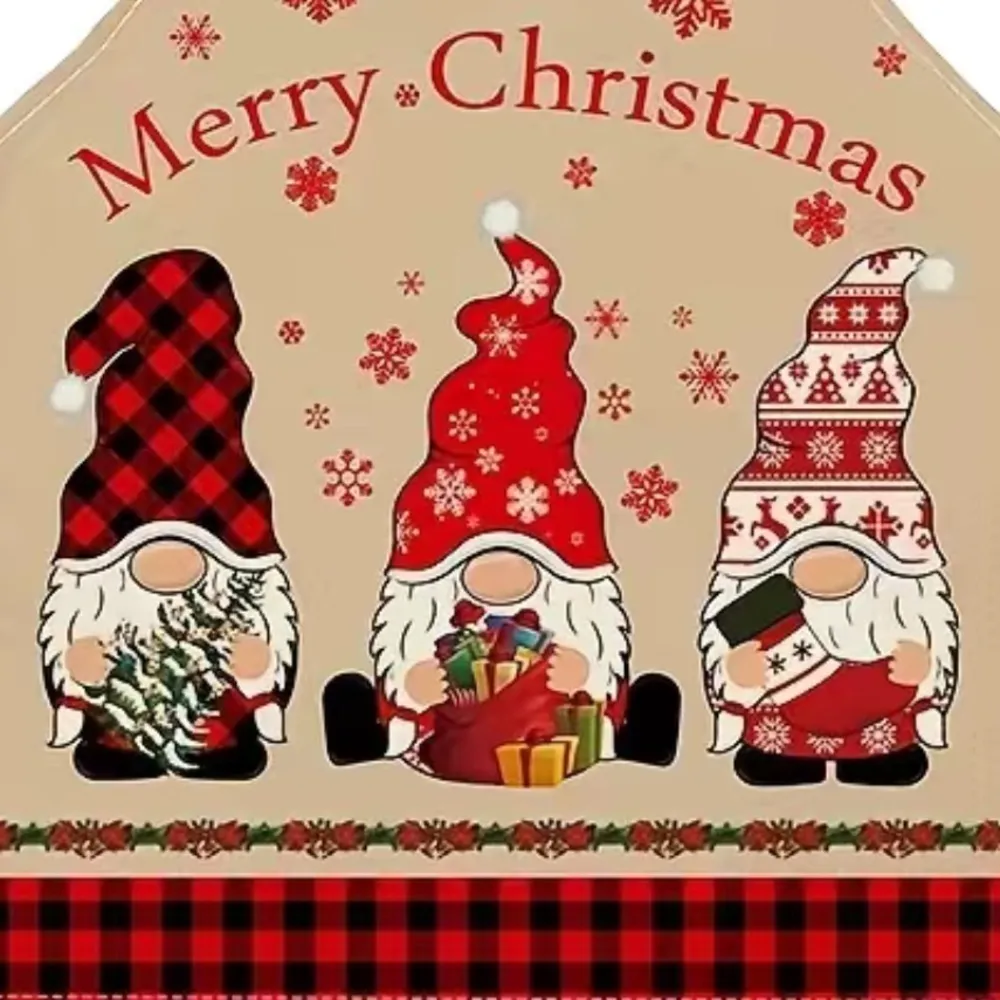 Christmas Apron Santa Gnome Waist Tie Bib Halter Holiday Adult Buffalo Check OS Tan - Image 4