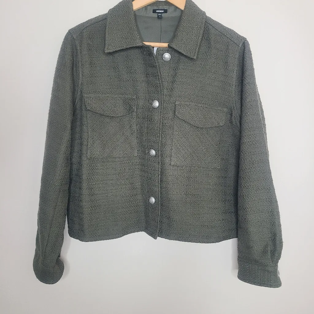 Express Boucle Tweed Button Cropped Shacket Jacket Olive Green‎ Size Large - Image 3