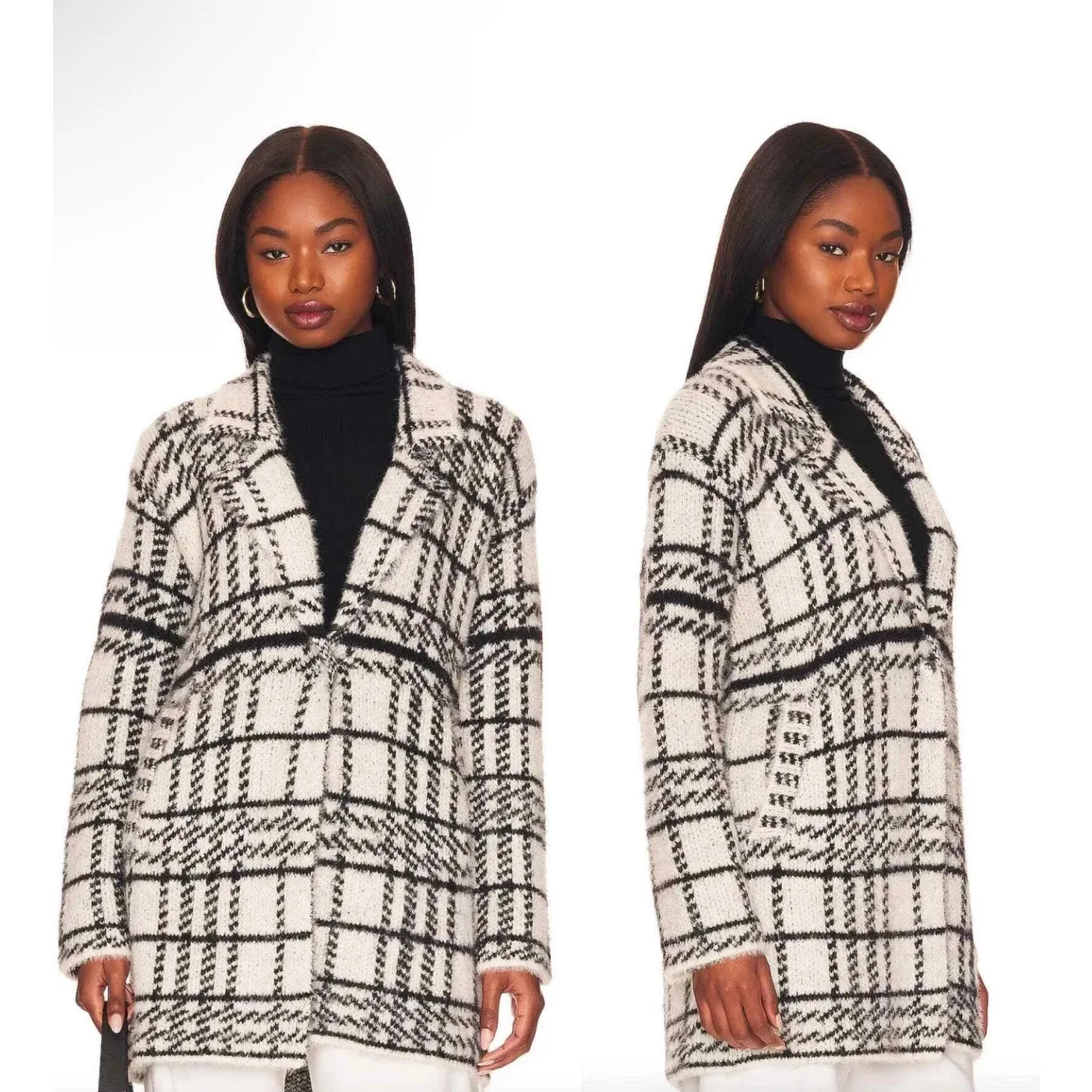 L*SPACE Stirling Sweater Coat in Plaid Ivory Black Women’s XL Cozy Quiet Luxury - Image 3