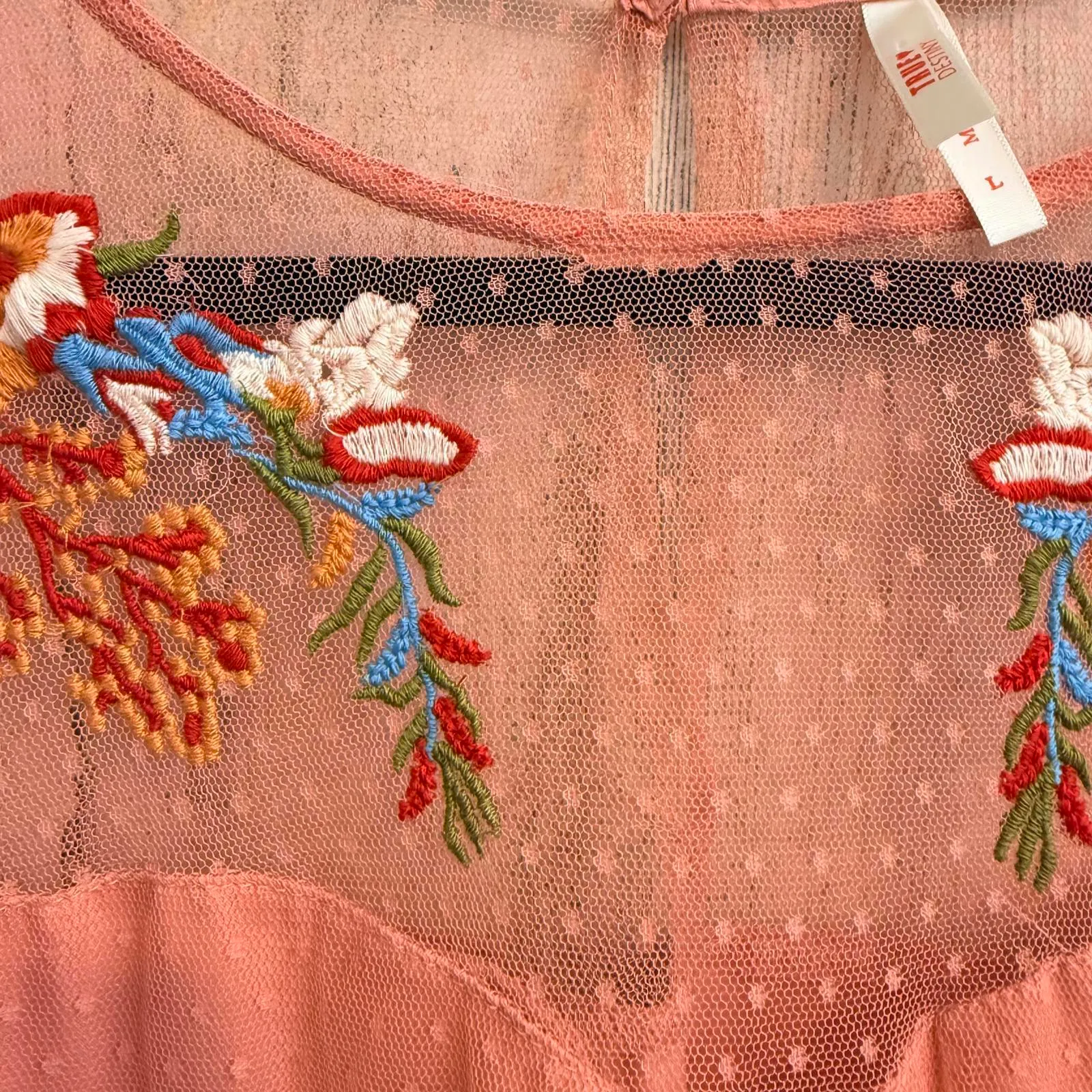 True Destiny Women's L Embroidered Mesh Dress Peach Floral Boho Bell Sleeve - Image 7