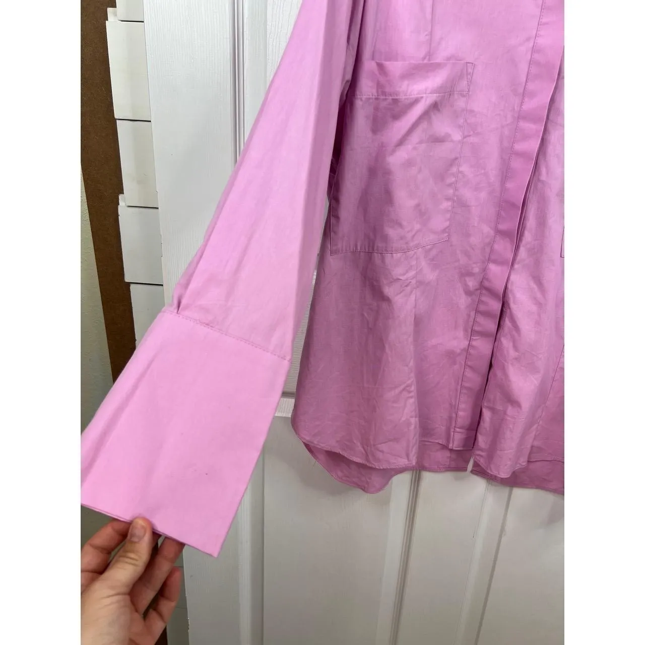 Topshop Shirt Oversized Sz US S 4-6 Pink Collared Long Sleeve Split Back Cotton - Image 6