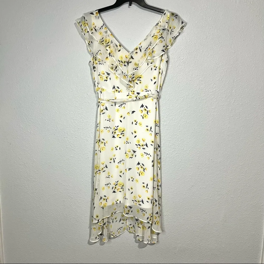 DKNY Midi Yellow Floral V-neck Ruffle Dress Size 12 - Image 4