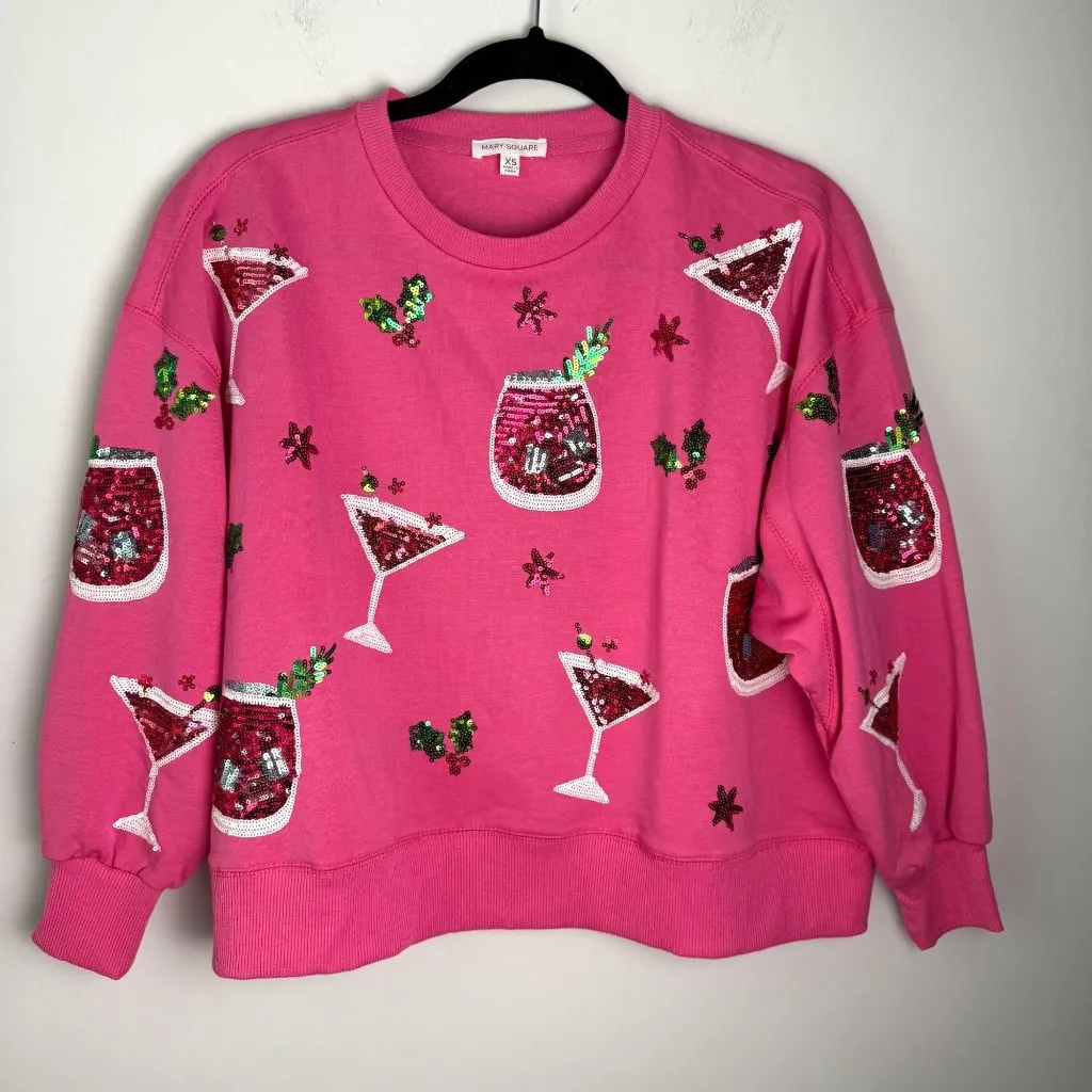 Mary Square Sequin Cocktail Pullover Sweatshirt NWOT Sz XS Brunch Party Pink - Image 1
