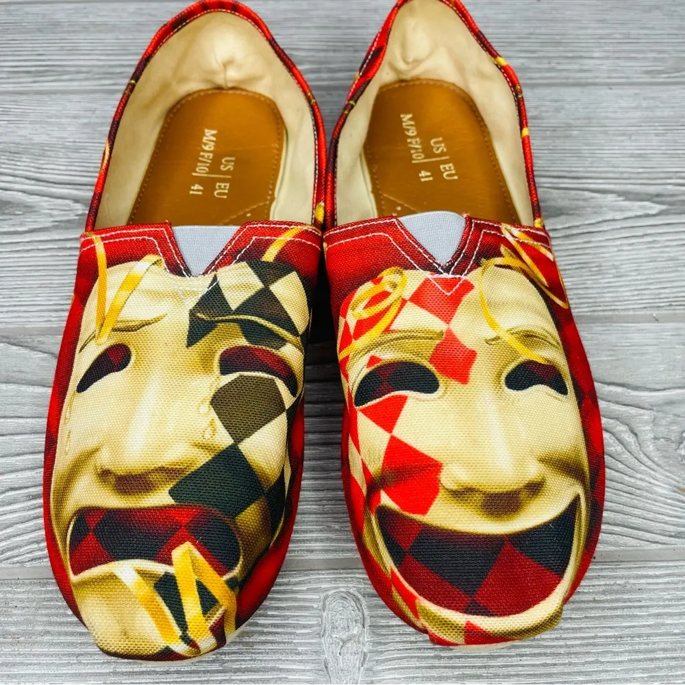 comedy and tragedy casual shoes slip on flats unique w 10 m 9 funny sad shoes Red - Image 4