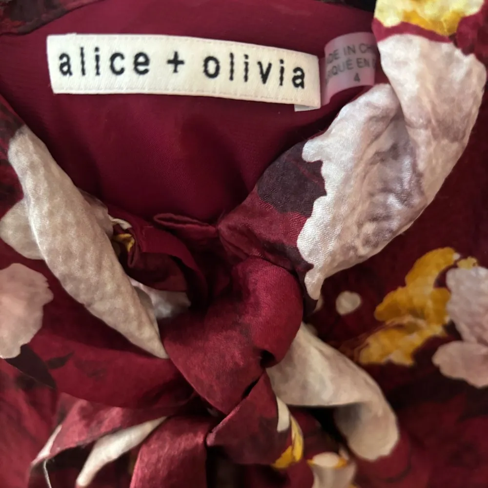 Alice + Olivia Lashay Ruffle Dress Size 4 Red Floral Mini Dres Bow Tie Neck Silk - Image 12