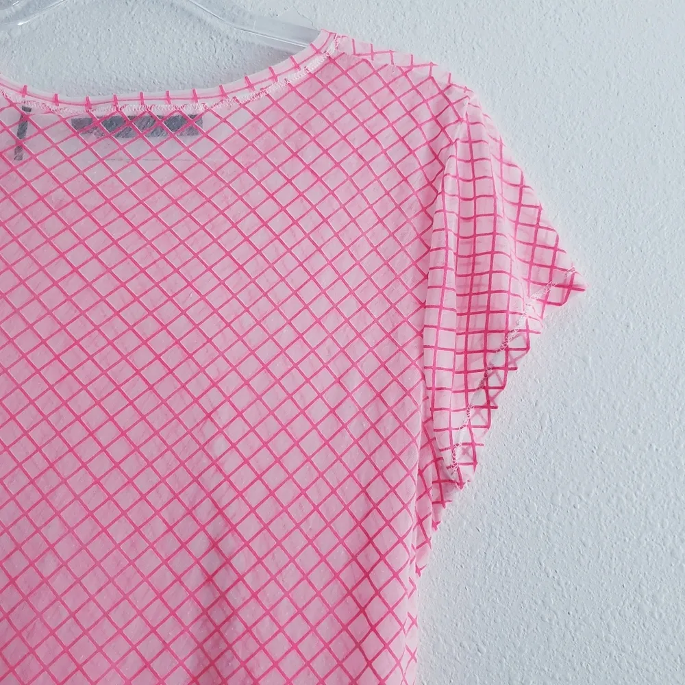 L.A.M.B Sheer Lightweight Neon Pink Lattice Print Short Sleeve Top - Image 6