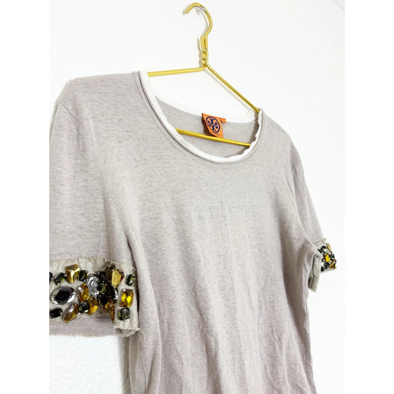 Tory Burch Hemp Cotton Jeweled Short Sleeve Size Large Beaded Cuff Lightweight - Image 6