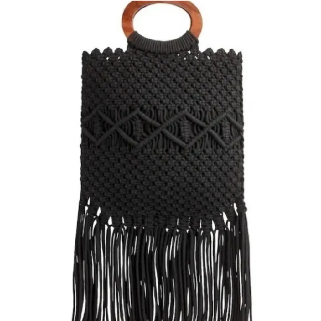 EUC Danielle Nicole Black Crochet Macrame Boho Bag with Fringe & Wooden Handle - Image 9