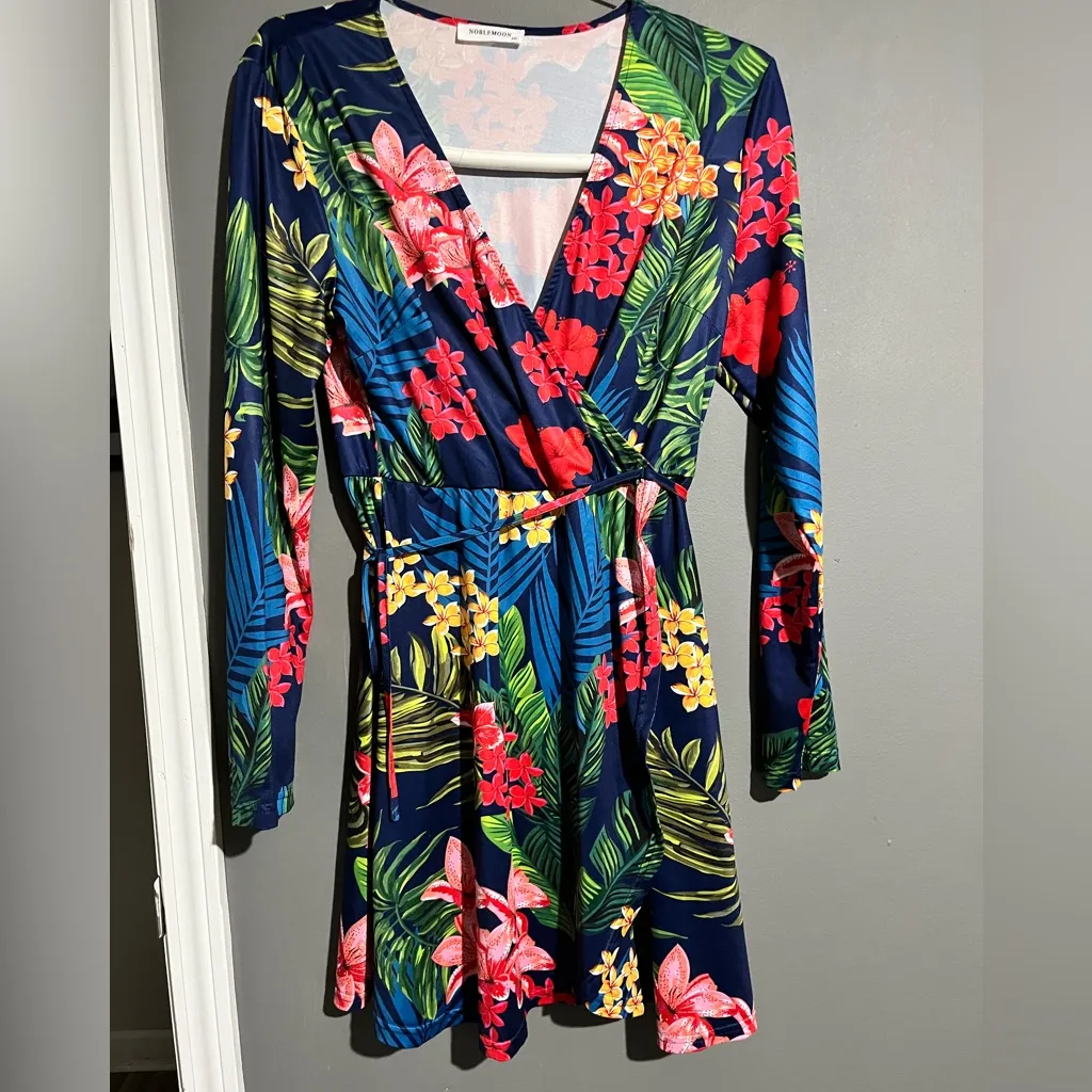 Noblemoon Dress Size XXL Blue Floral Long Sleeve Coverup Sundress - Image 4