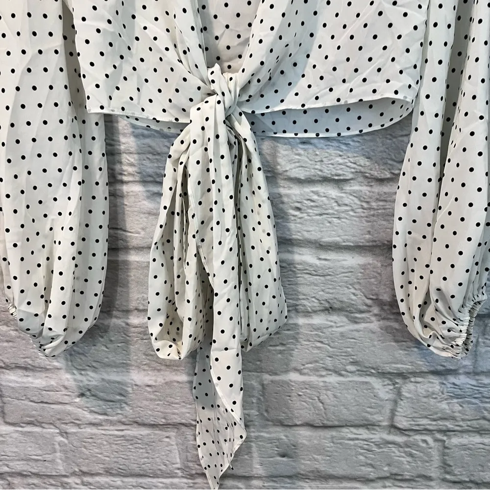 NWT  XS Nirav Crop Tied Black & White Polka Dot Wrap Long Sleeve Blouse - Image 5