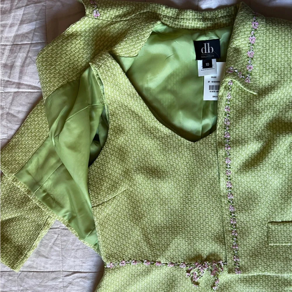 NWT Green Pink Floral Applique Dress & Cropped Blazer Set Old Money Preppy - Image 4