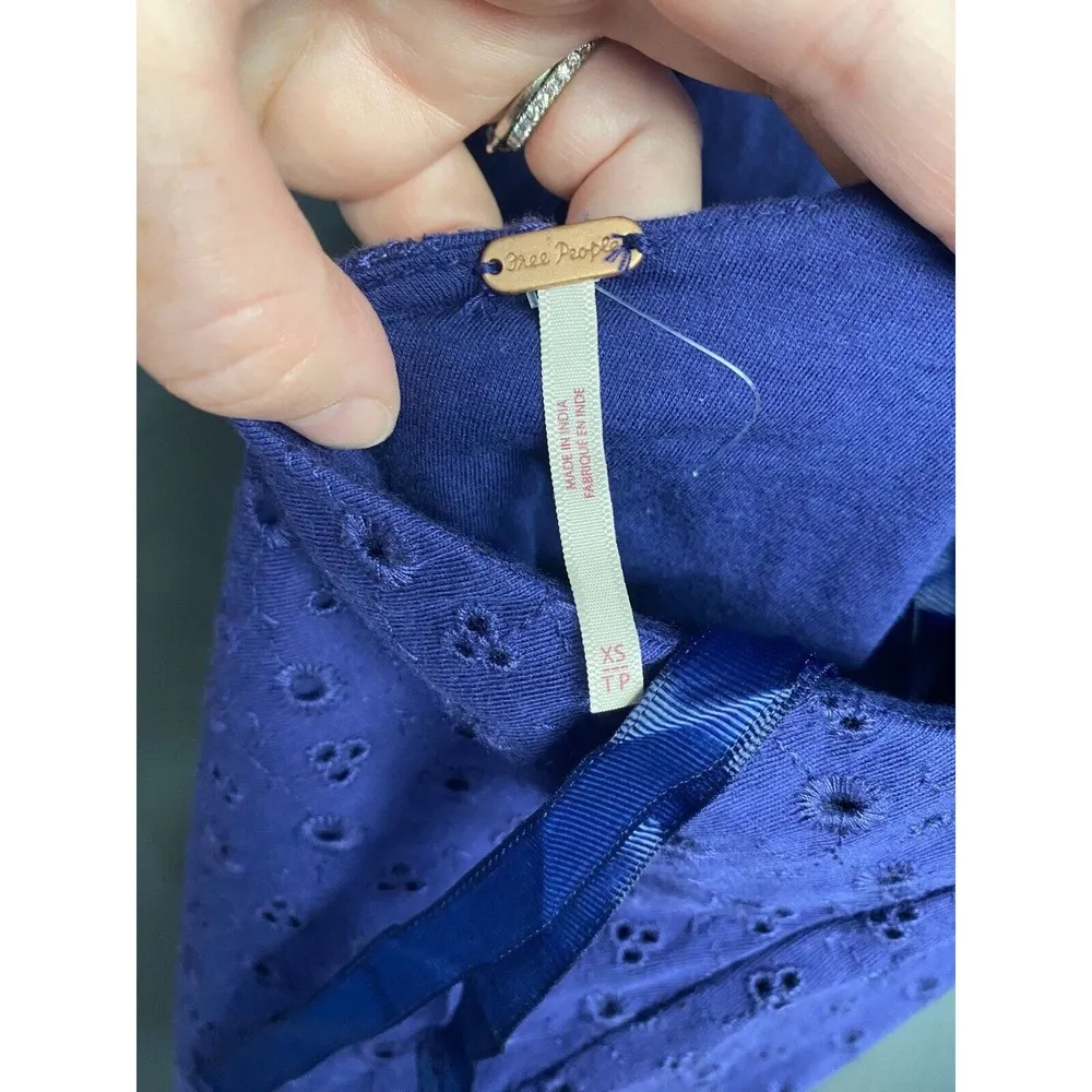 Free People Mini Dress Women's XS Blue Eyelet Lace up Cut out Puff Sleeve B71 - Image 4