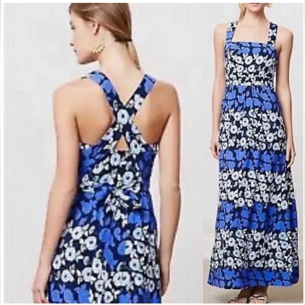 Anthropologie Maeve Criss Cross Anakena Blue Floral Print Maxi Dress Women’s 4 - Image 2