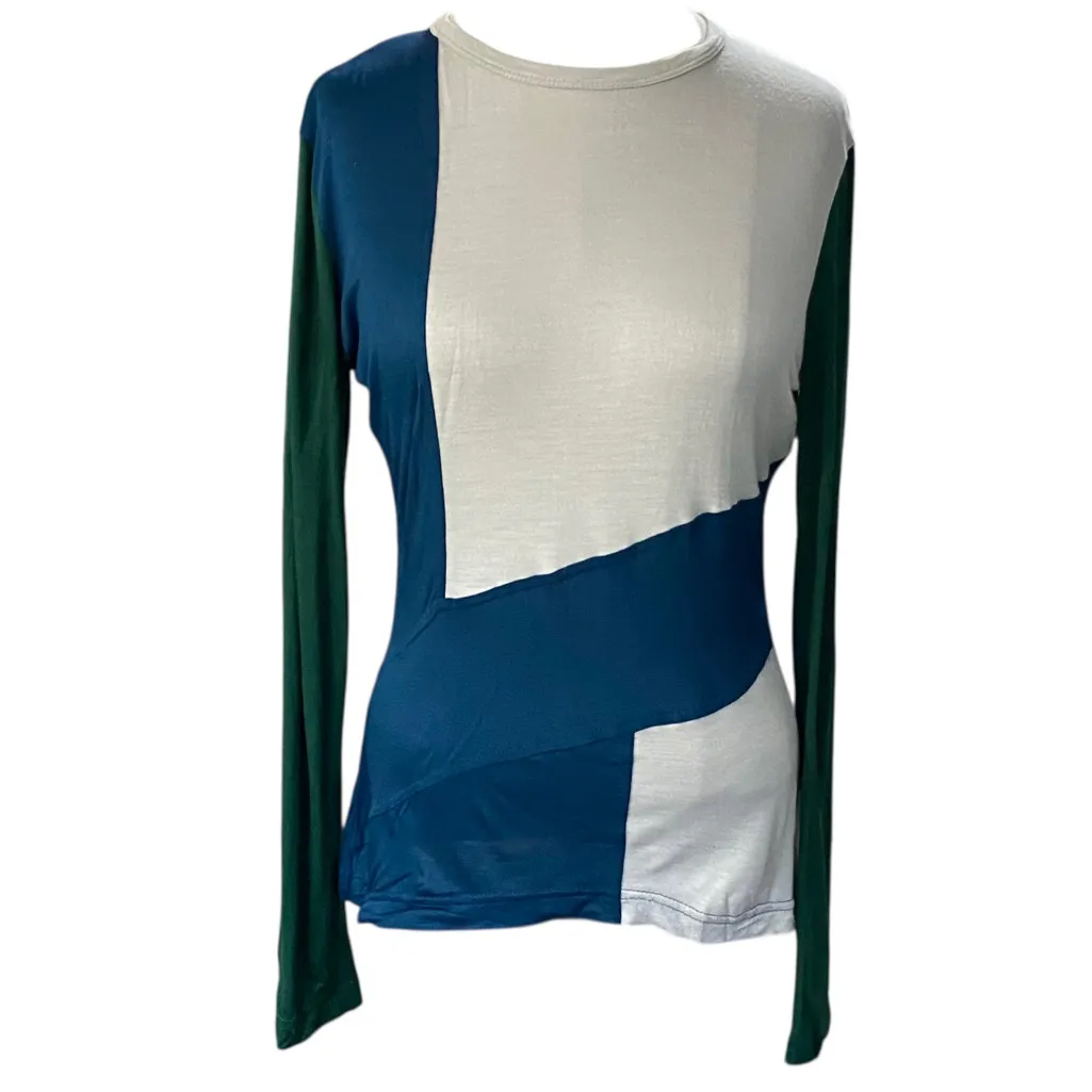 St. John Silk Colorblock Long Sleeve Crewneck Tee Shirt Small - Image 2