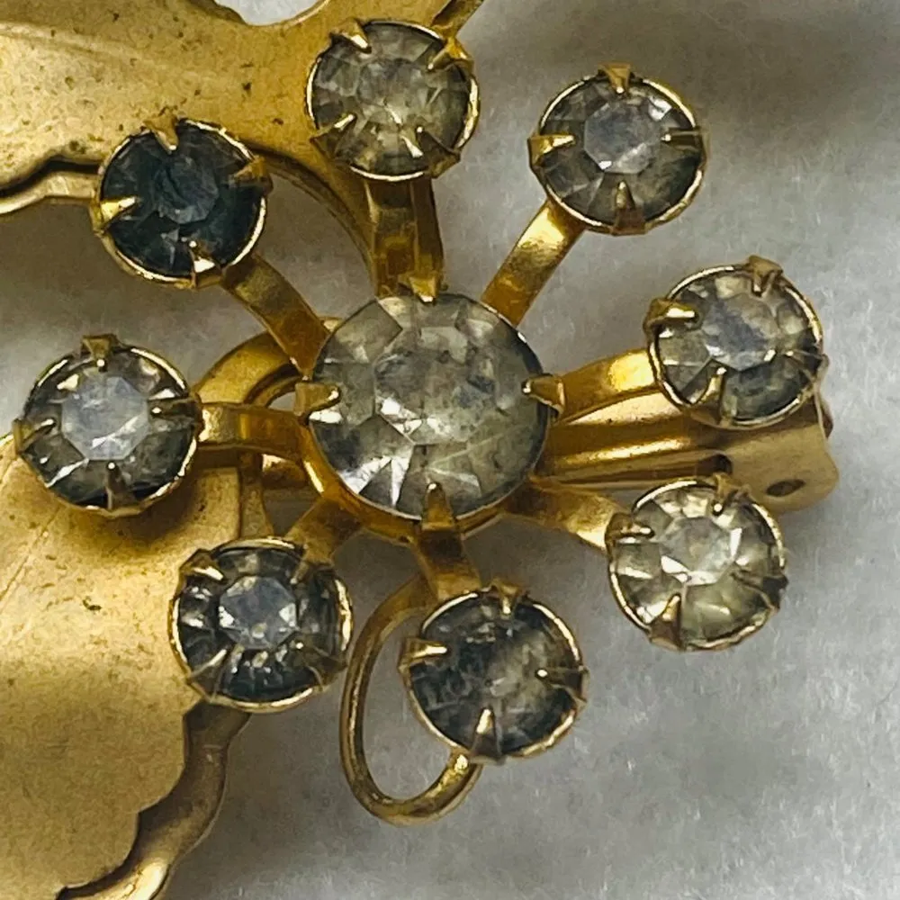 Gold Tone Brooch Pin Pendant Flower Shape Rhinestones Leaves Vintage READ Desc. - Image 9