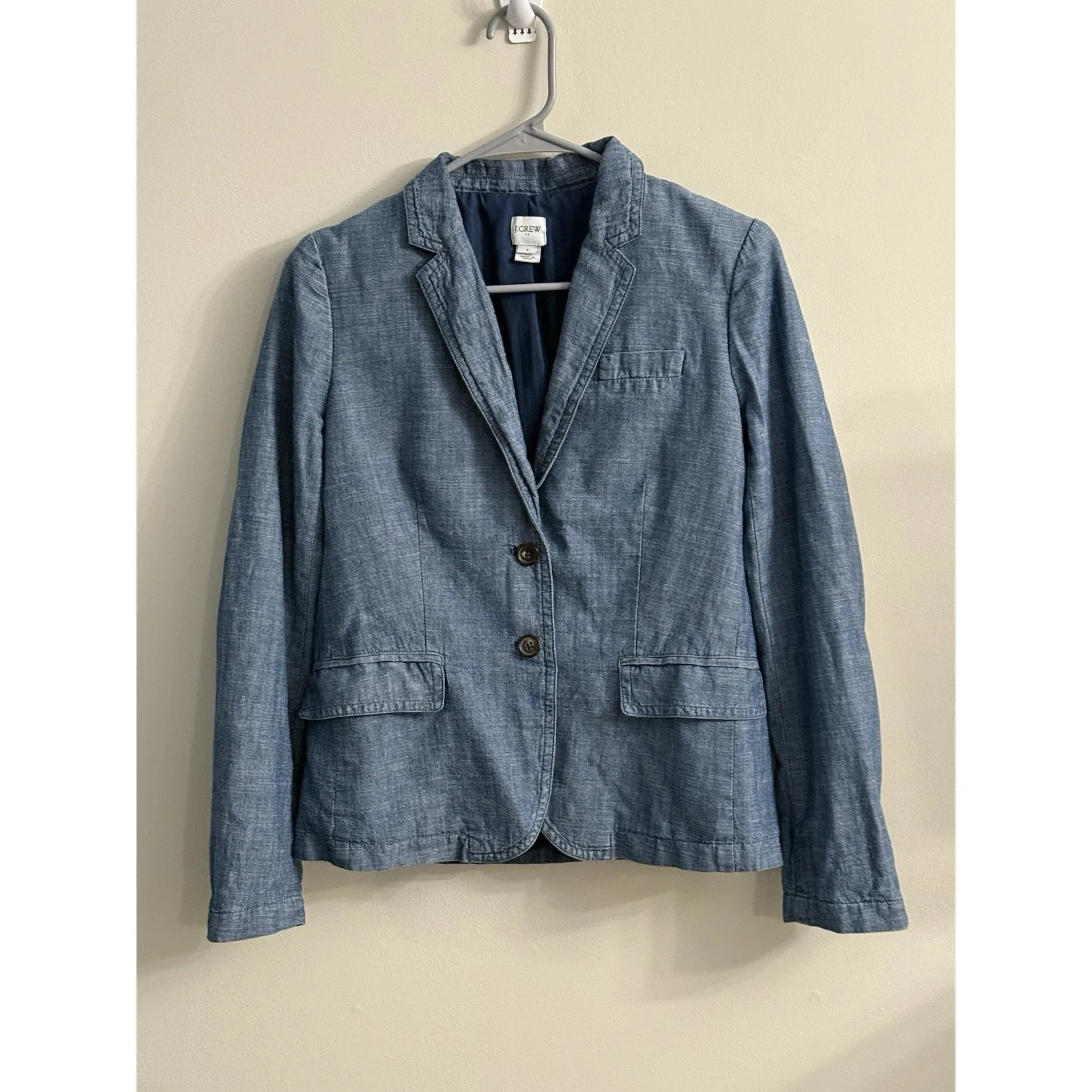 J. Crew Womens Sz 4 Chambray Blue Cotton Jacket Blazer Coat Long Sleeve Classic - Image 2