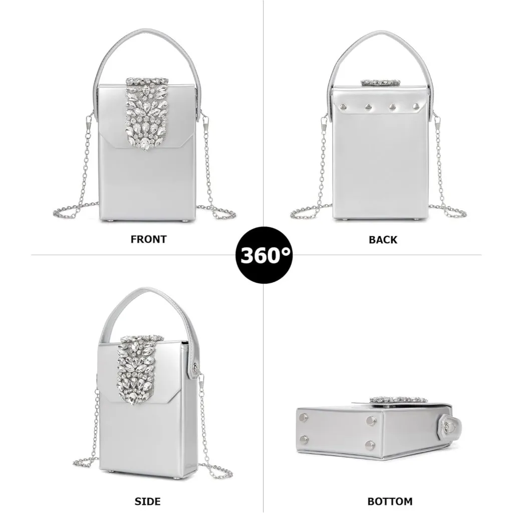 ⚡Women's Evening Rhinestone Box Detachable Chain Strap Silver Crystal Clutch Bag - Image 4