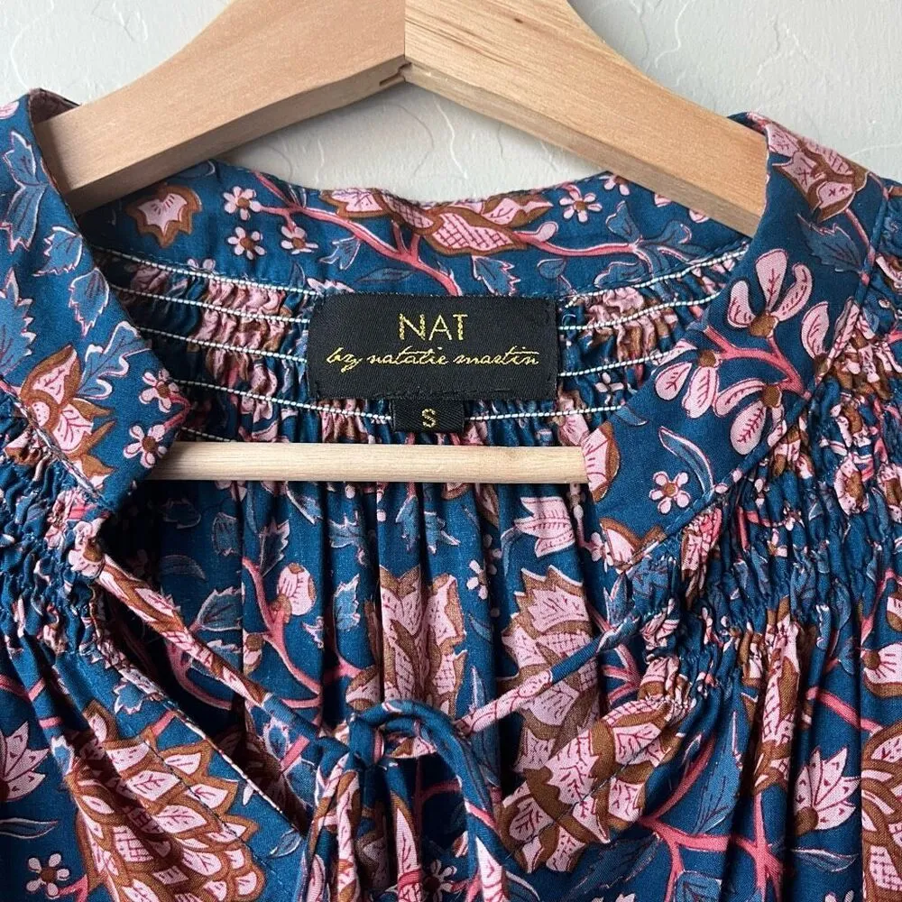 Nat by Natalie Martin Blue‎ Floral Print Tassel Peasant Blouse Size Small - Image 6