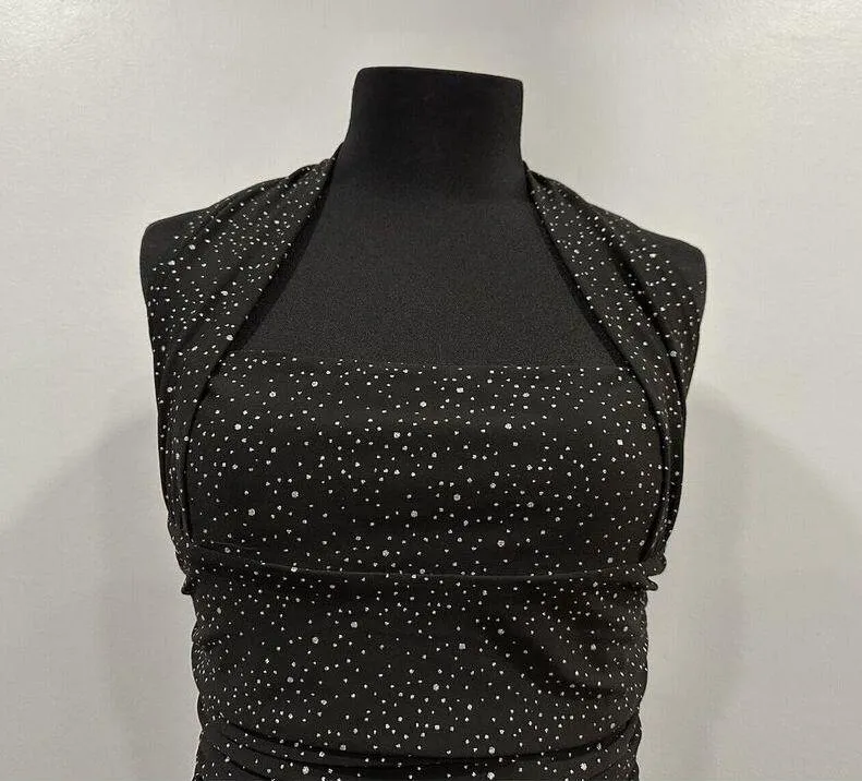 Lucy in the Sky  Virginia Ruched Bodycon Dress In Black Silver Shimmer Large L - Image 3