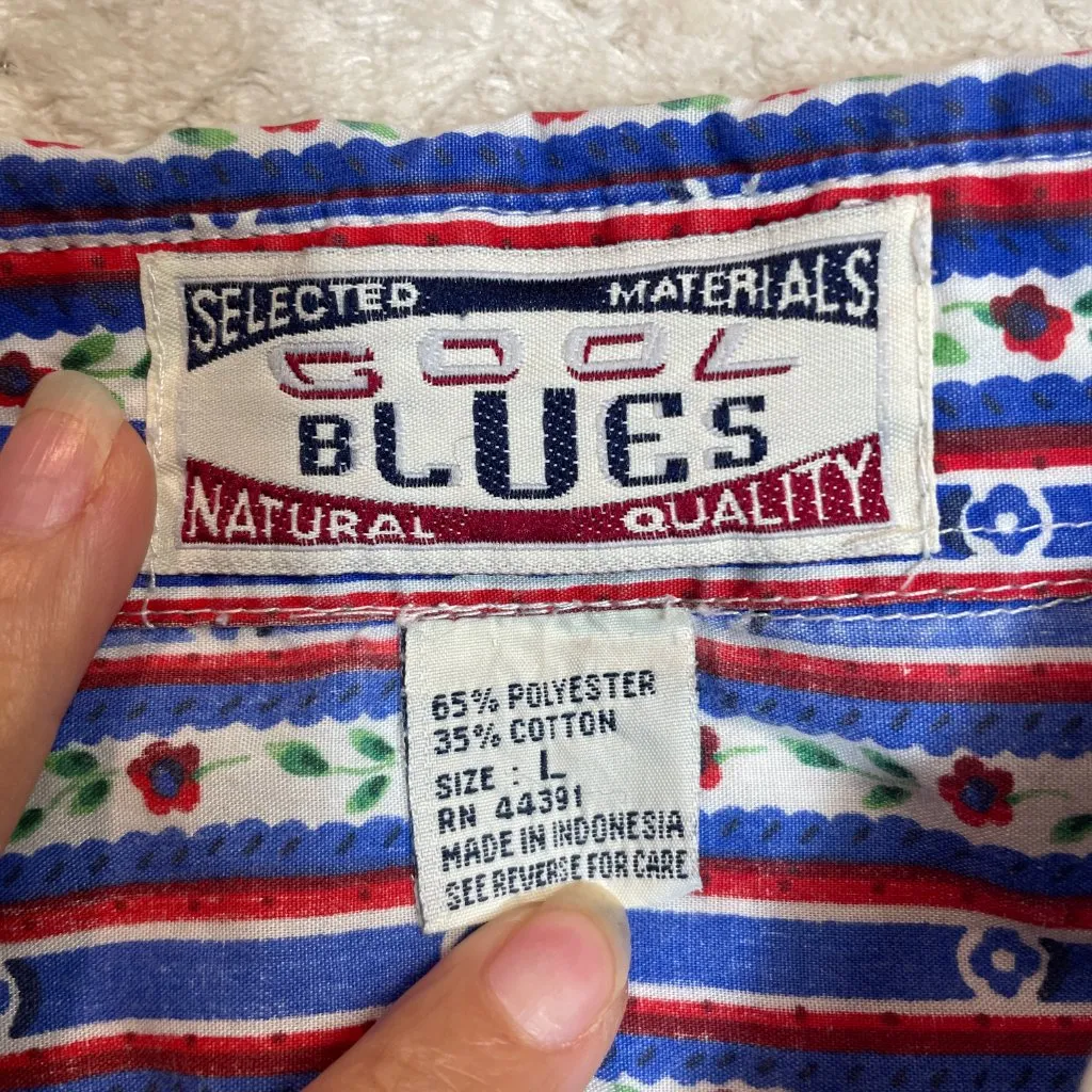 Vintage Cool Blues Blue Red Floral Stripe Print Shirt Womens Large | Cottagecore - Image 7