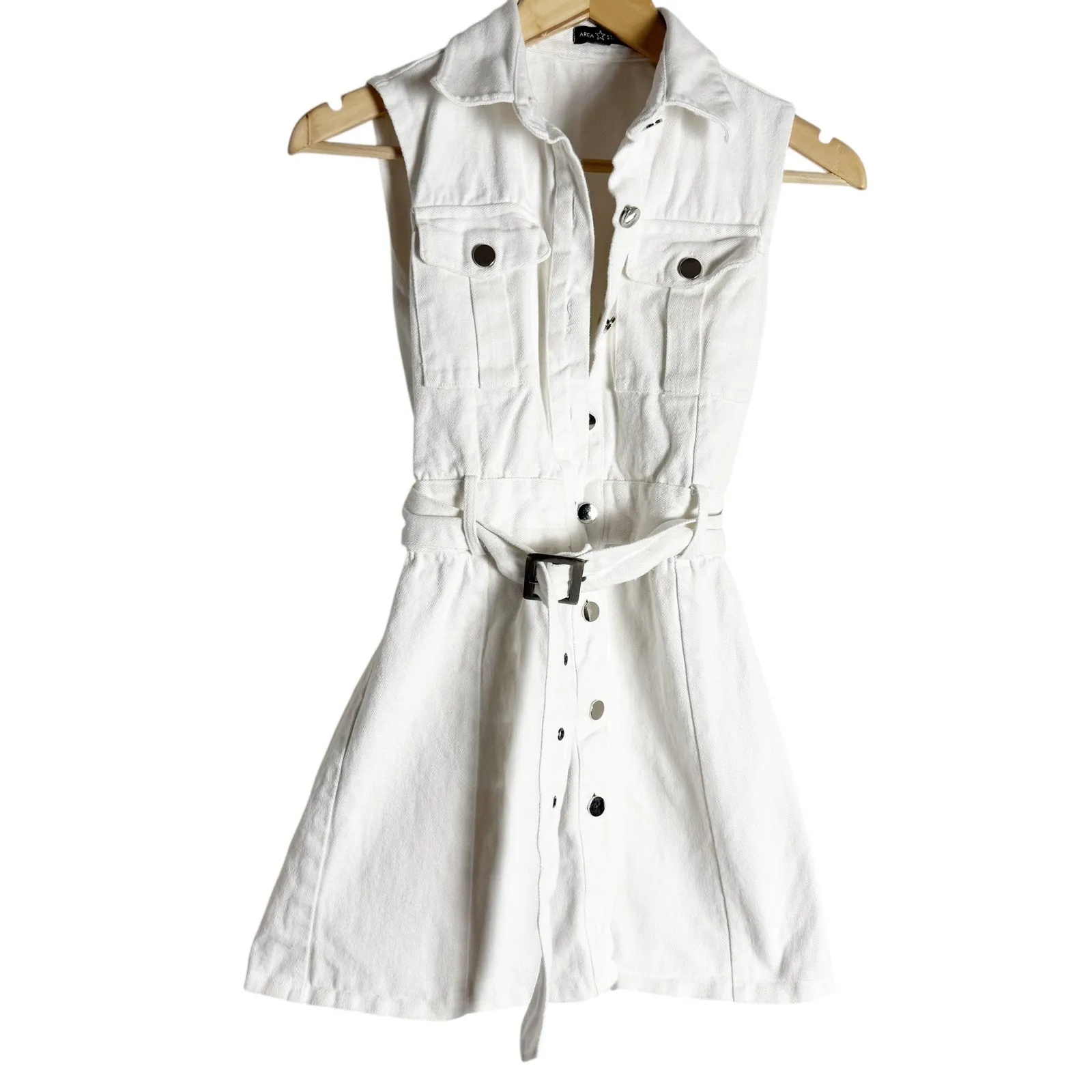 Area Stars White Denim Sleeveless Belted Button Front Shirt Dress Size Small - Image 5
