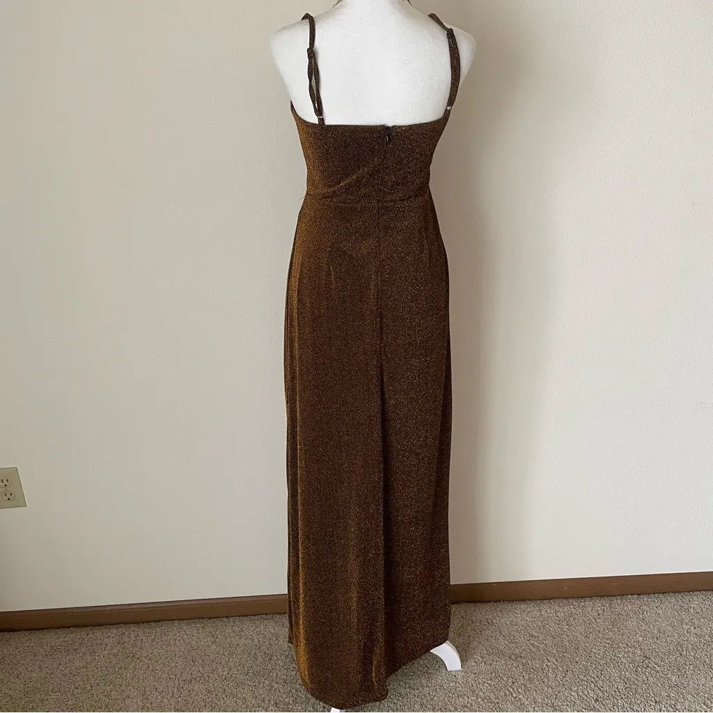 Showpo Rheannon Split Mesh Maxi Dress in Copper Lurex Black Size 6 - Image 5
