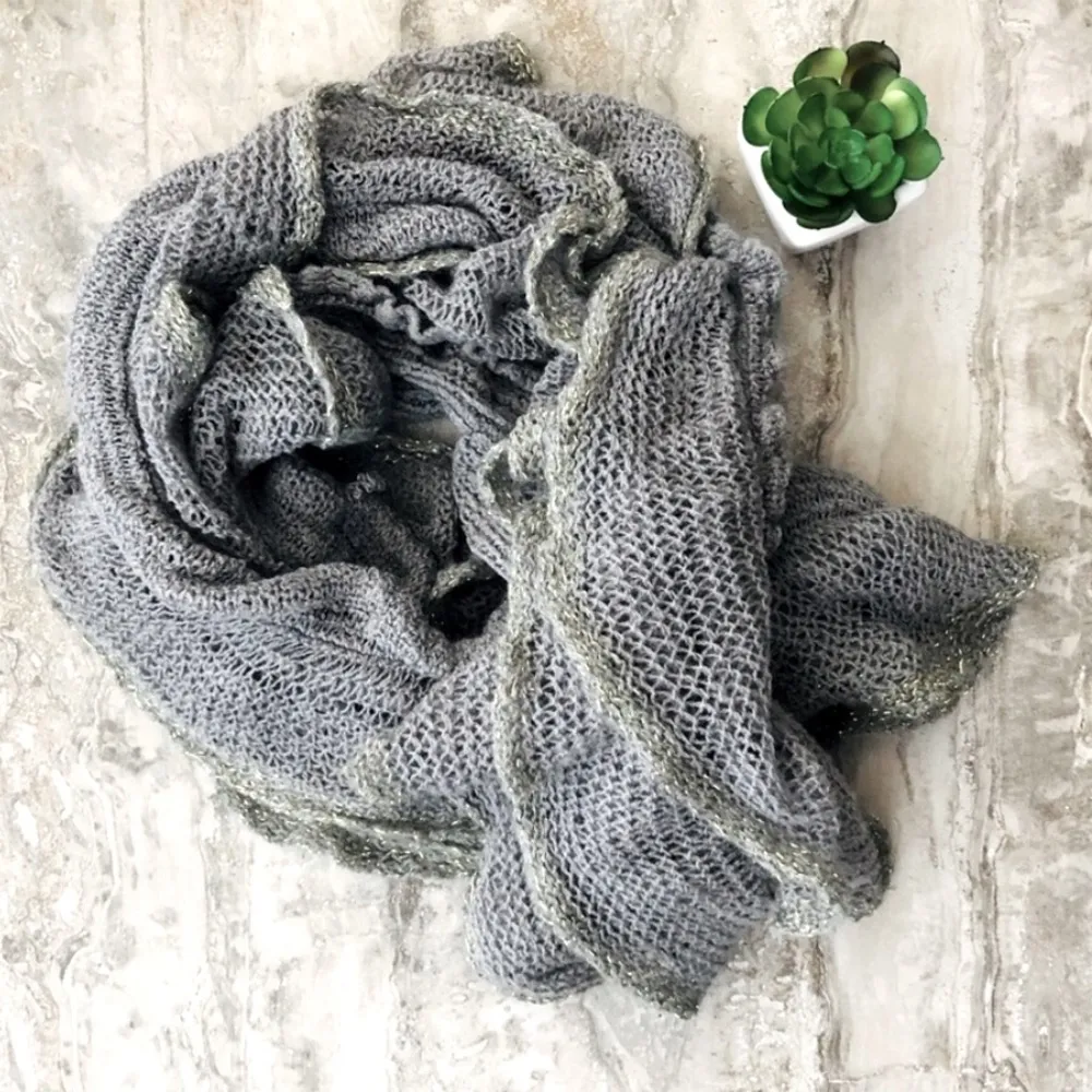 Grey Infinity Scarf Tiered Grey Knit with Gold Trim Crochet - Image 3