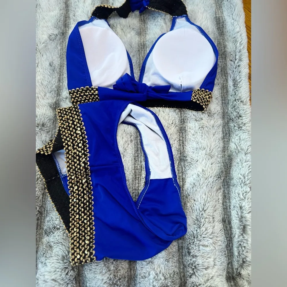 Verdusa 2 Piece High Waisted Bikini Set Chevron Print Tie Back swimsuit NWOT Blue Size XL - Image 6