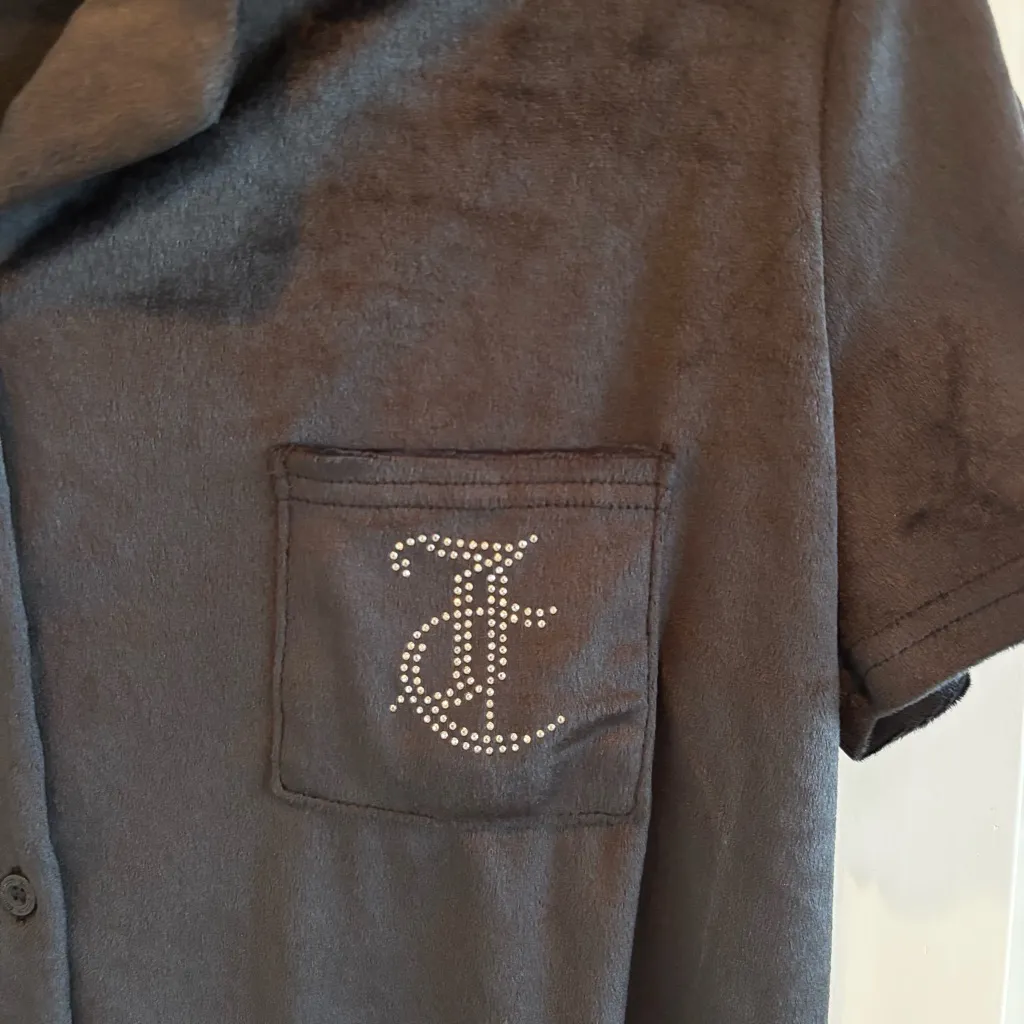 Juicy Couture Black Velour Button Up Sleepwear Top Stud Bling Juicy Back Size L - Image 3