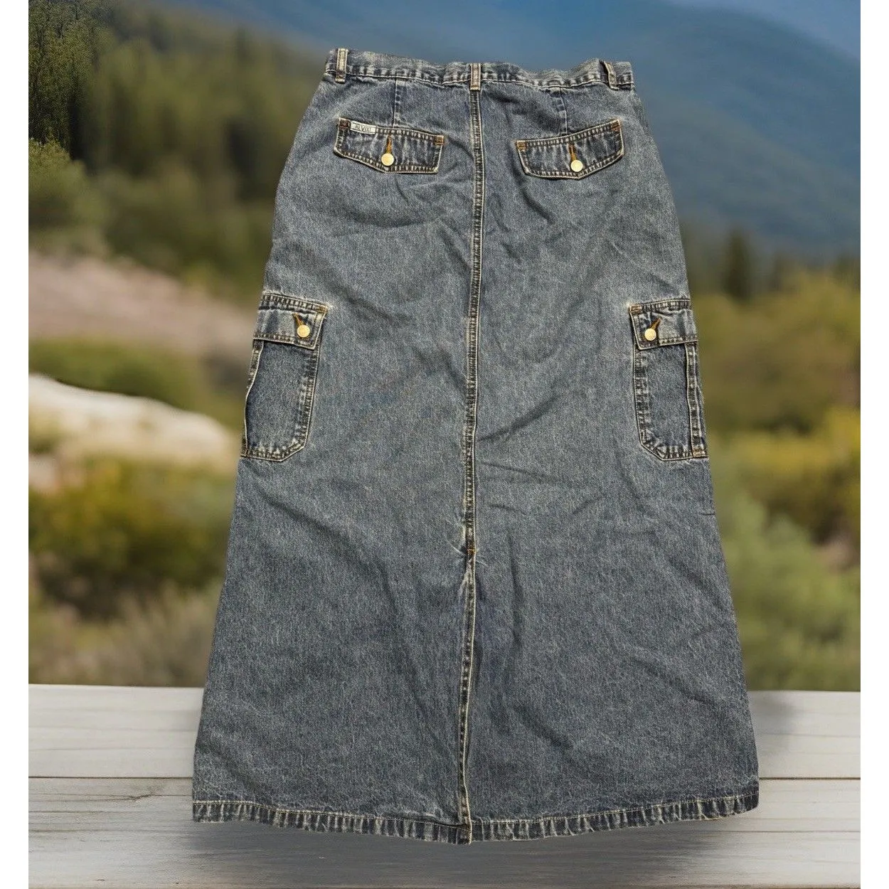 Y2K‎ Shabby Chic REVOLT Clothing Co.Denim Maxi Skirt 11/12 Cargo Pockets BAGGY Blue - Image 4