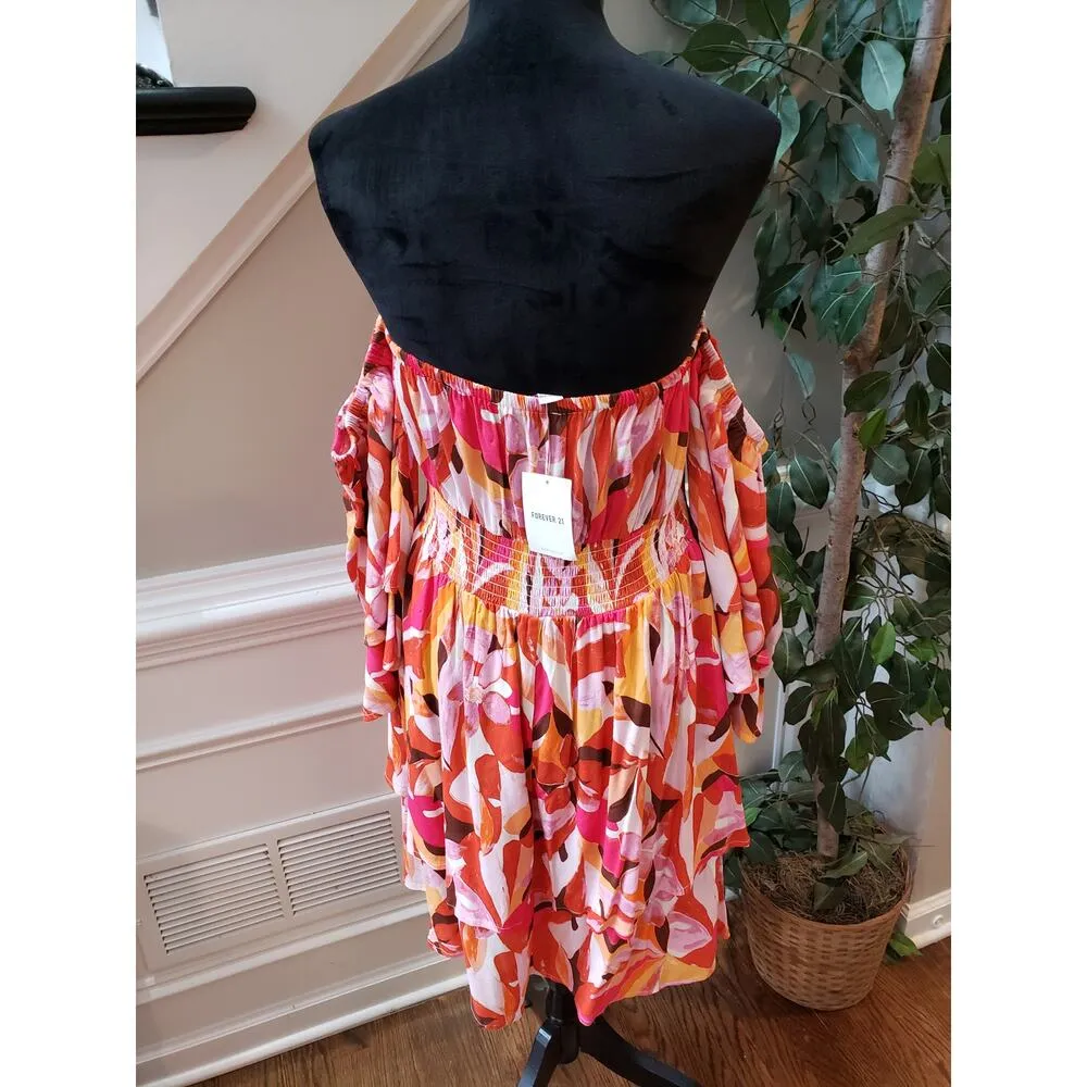Forever 21 Fit & Flare Dress Women 0X Multi Pleated Off the Shoulder Bell Sleeve - Image 4